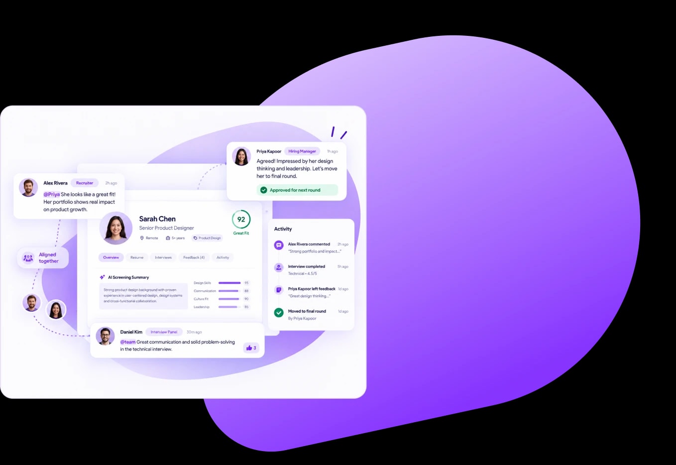 Shared candidate review workspace showing team feedback and scores