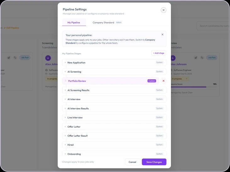 Getgeek pipeline settings screen