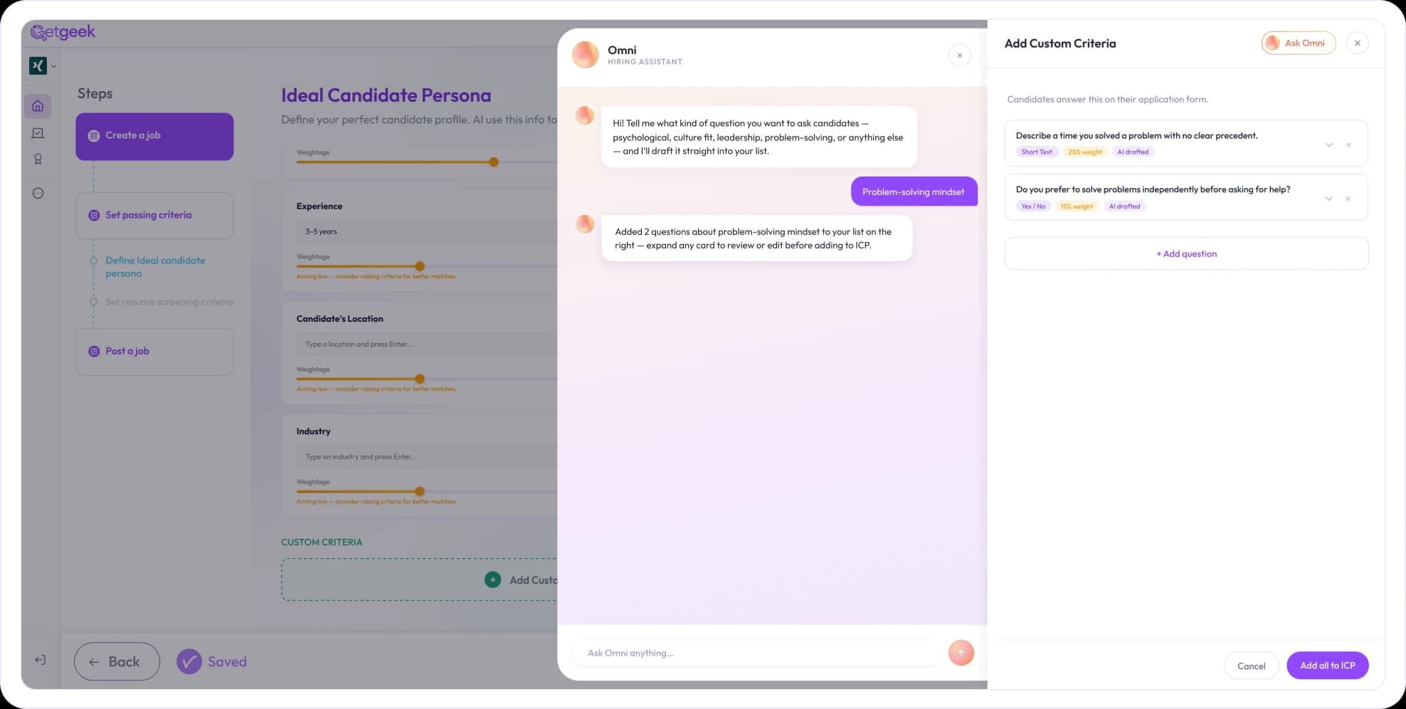 Omni AI platform assistant chat inside the Getgeek platform