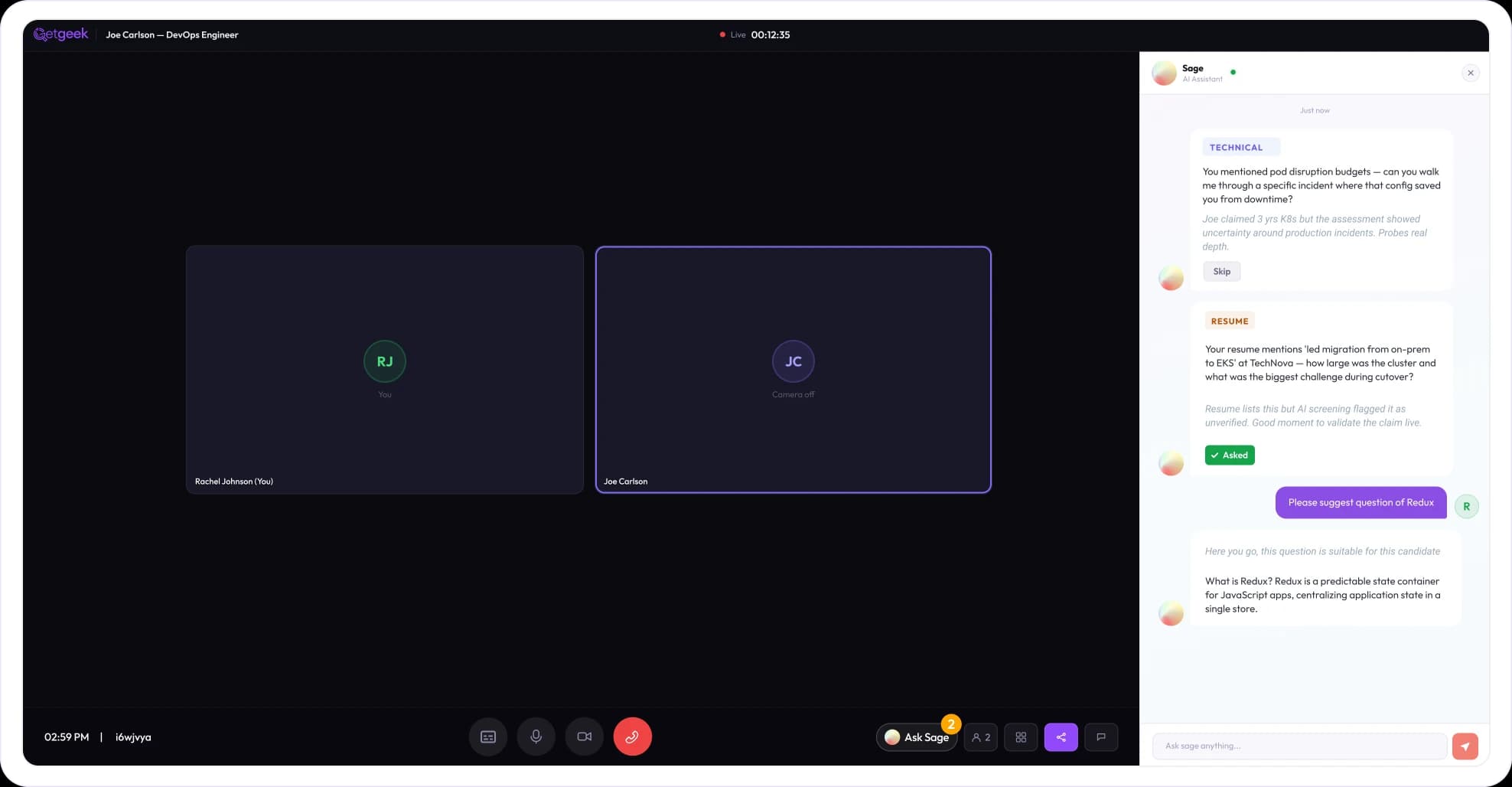 Sage AI interview copilot dashboard during a live interview